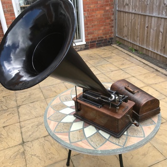 Edison phonograph with huge witches hat horn