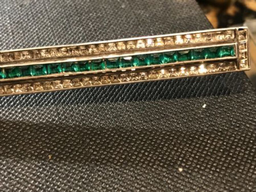 Antique Art Deco diamonds and emeralds silver brooch 