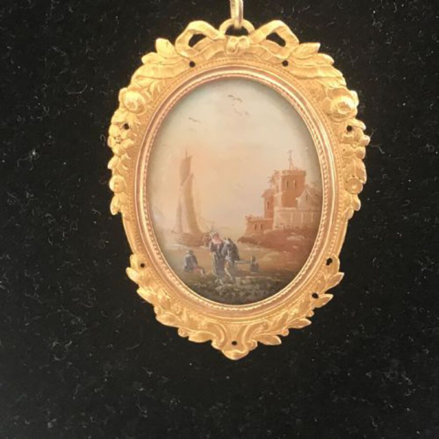 Antique Painting miniature Georgian gold framed pendant and chain
