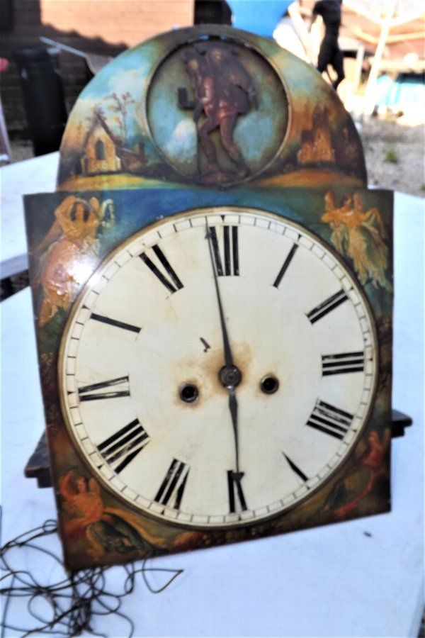 Antique Grandfather Clock automaton Georgian Painted arched dial 8 day movement. 