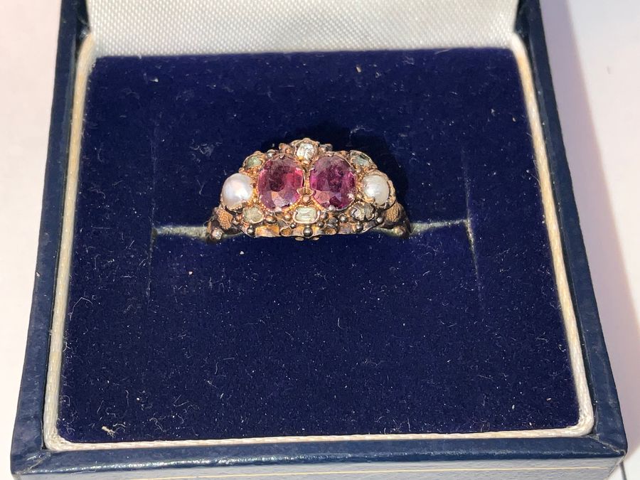 Rubies Diamonds and pearls 18 CT refined ladies ring. Victorian