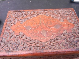 Antique Trinket box carved mahogany with brass inlays Stunning quality item.-B2