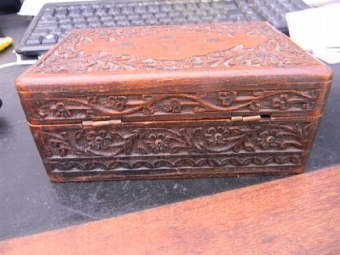 Antique Trinket box carved mahogany with brass inlays Stunning quality item.-B2
