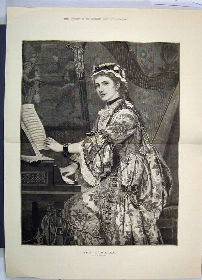 Print 1877 Woman Musician Portrait Harp Piano Fine