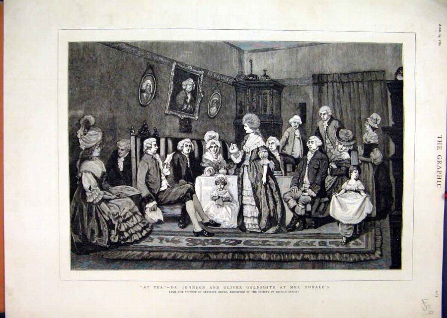 Print 1880 Tea Jonhson Oliver Goldsmith Thrales Ol