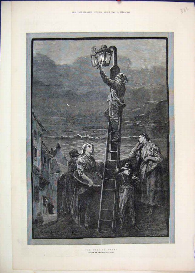 Print 1882 Guiding Light Man Ladder Street Scene 3