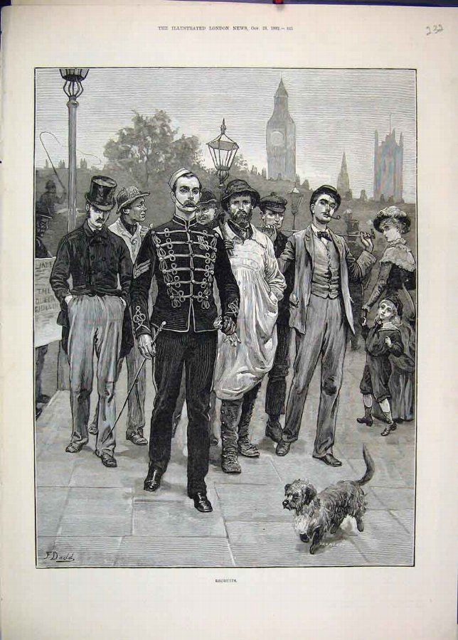 Print 1882 Soldier Recruits Dog Street Scene 32MAR