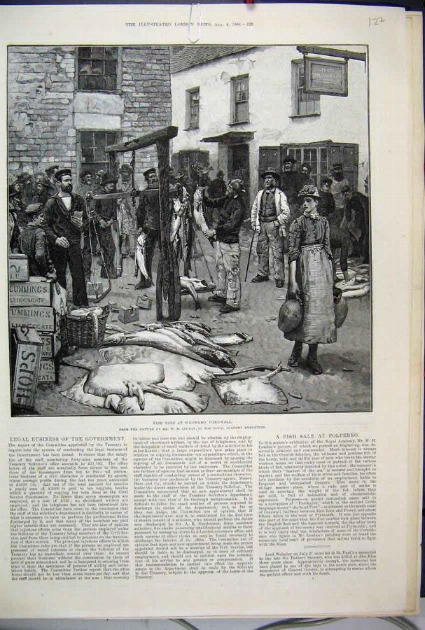 Print 1888 Fish Sale Polperro Cornwall Market Vict