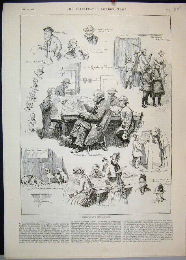 Print 1888 Free Library Books Reading Dogs Childre