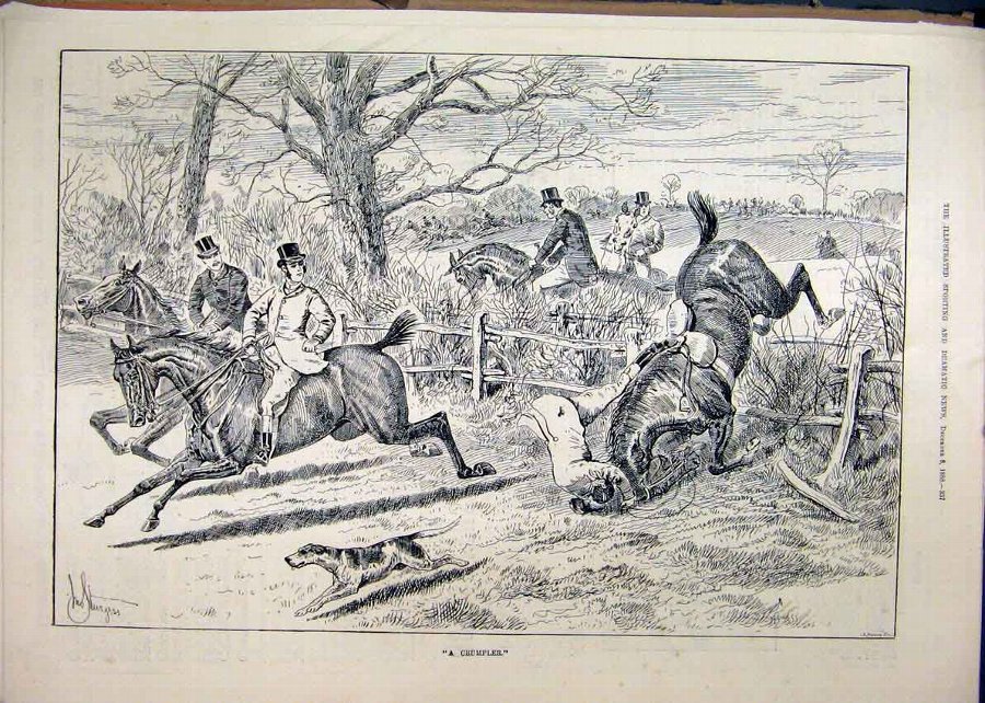 Print 1888 Horses Hunting Jumping Fence Man Fallin