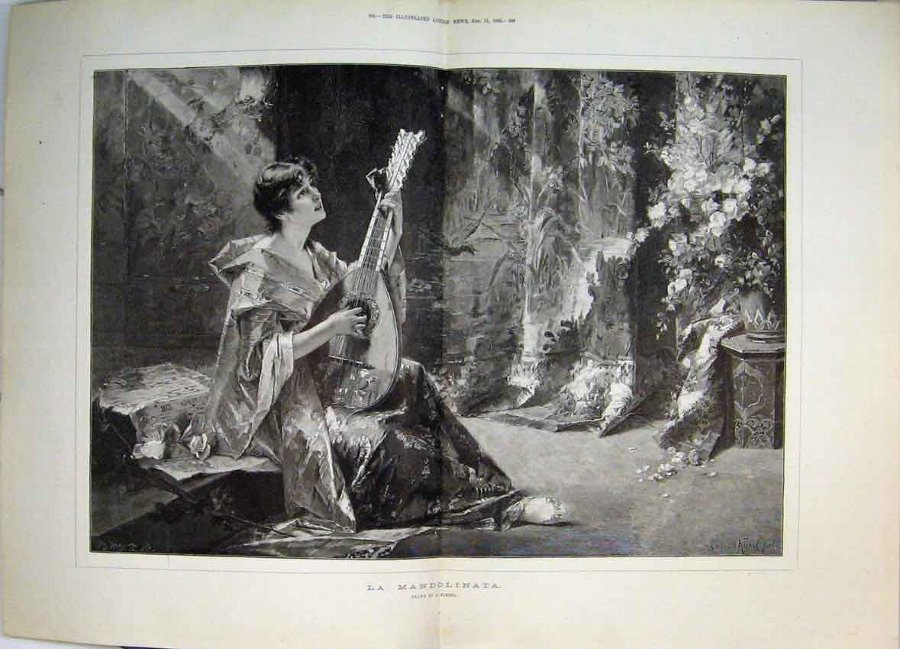 Print 1888 La Mandolinata Girl Music Sitting Flowe