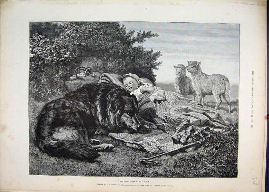 Print 1888 Little Girl Sleeping Dog Lambs Country
