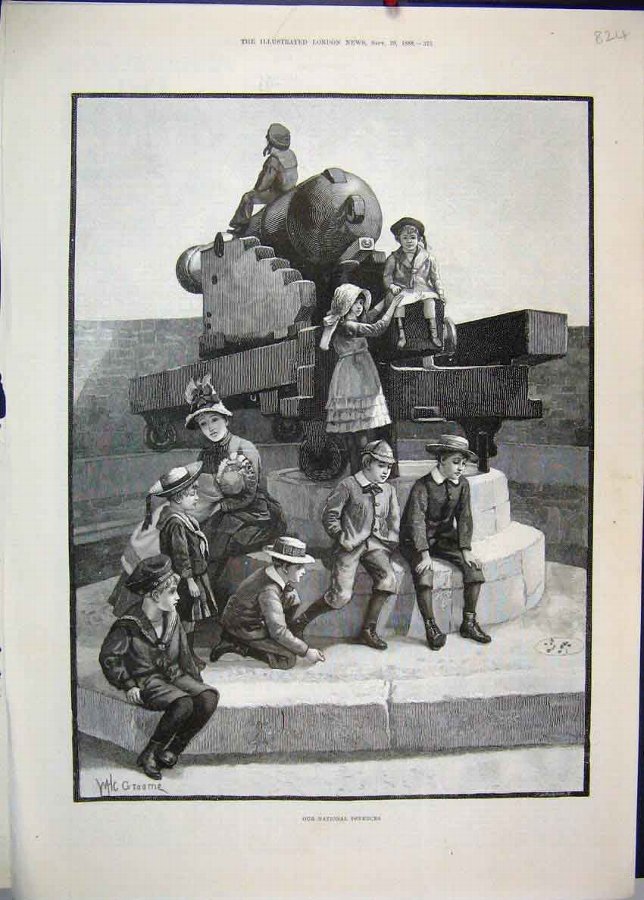 Print 1888 National Defences Cannon Children Woman