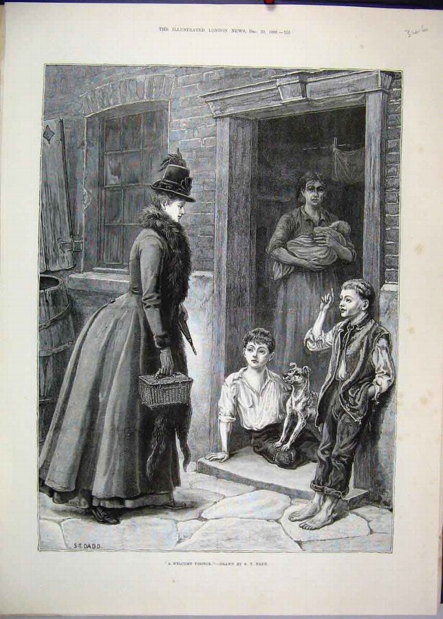 Print 1888 Woman Visiting Poor Family Dog House Ol