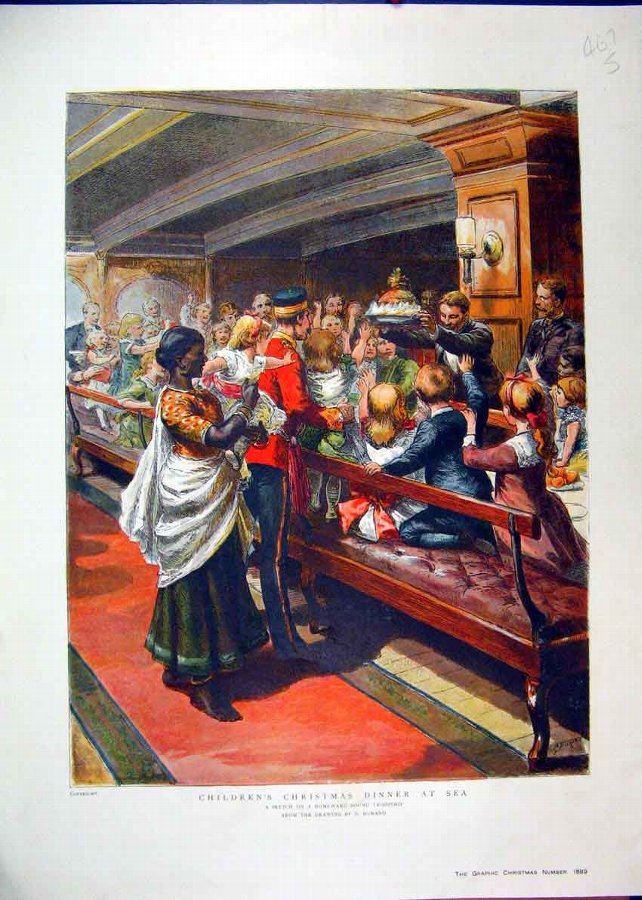 Print 1889 Colour Childrens Christmas Dinner Sea S