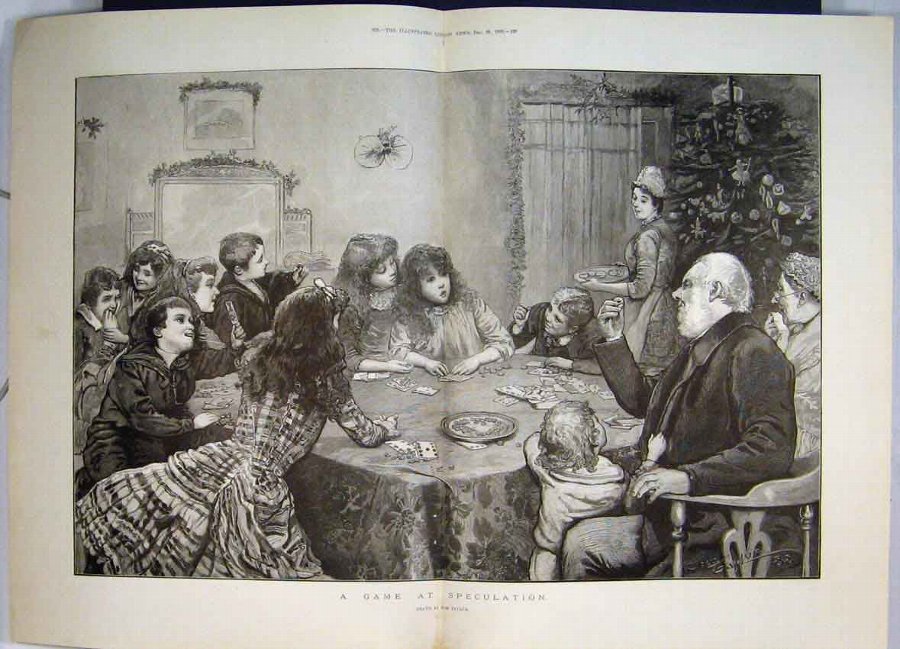 Print 1889 Man Woman Little Girls Boys Playing Gam