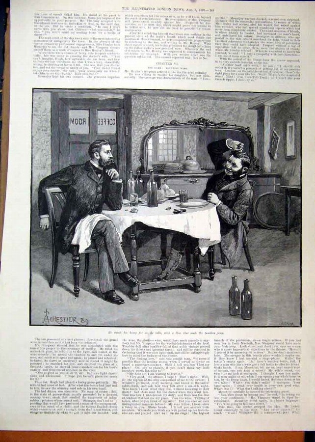 Print 1889 Men Sitting Table Coffe Room Bottle Art