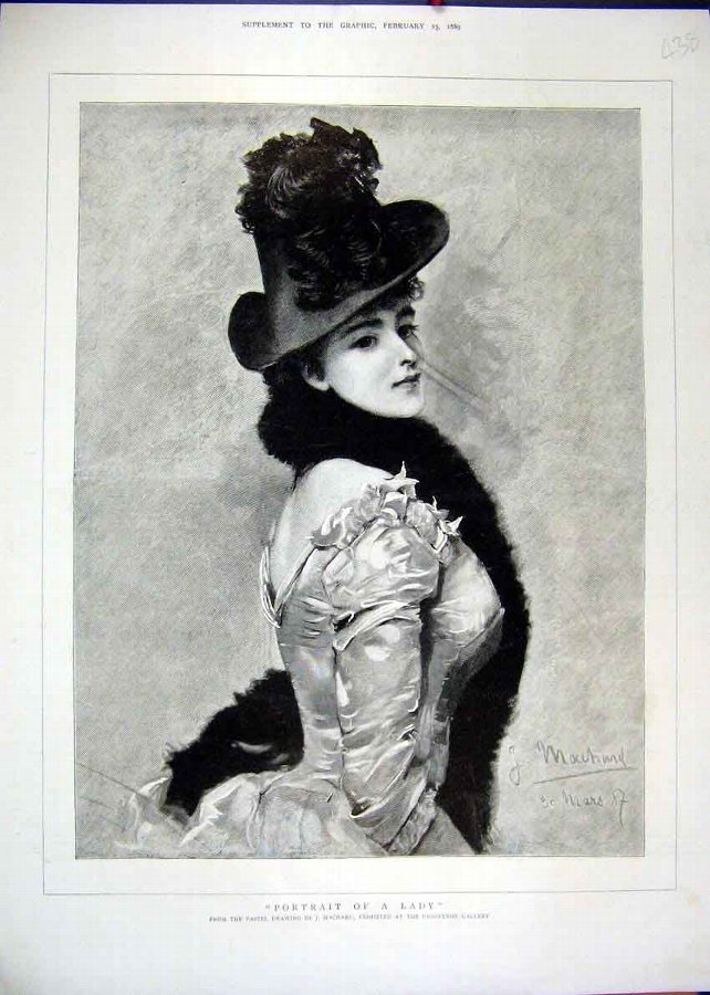 Print 1889 Portrait Lady Beautiful Hat Scarf Grosv