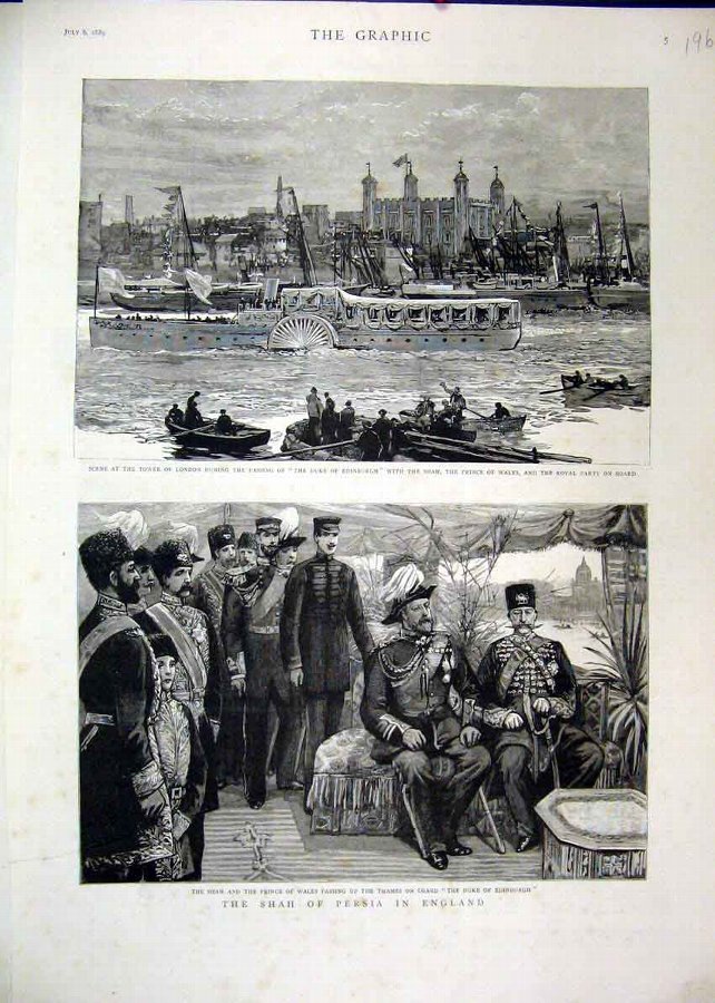 Print 1889 Shah Persia England Duke Edinburgh Rive