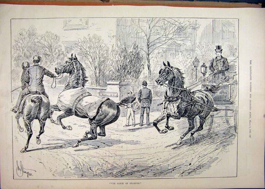 Print 1890 Street Scene Horse Loose Coach Policema