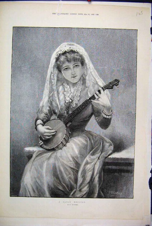 Print 1890 Young Girl Banjo Recital Music Victoria