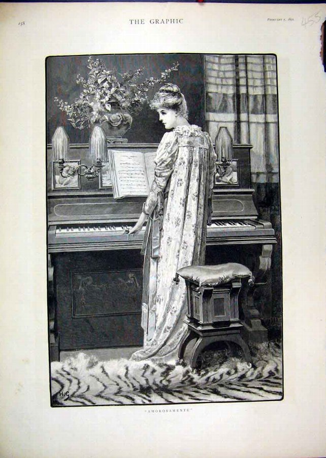 Print 1891 Beautiful Woman Playing Piano Music Flo