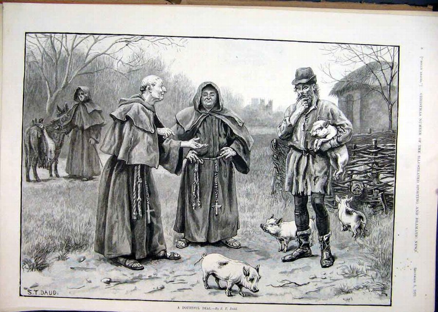 Print 1891 Country Scene Monks Man Pig Donkey Bask