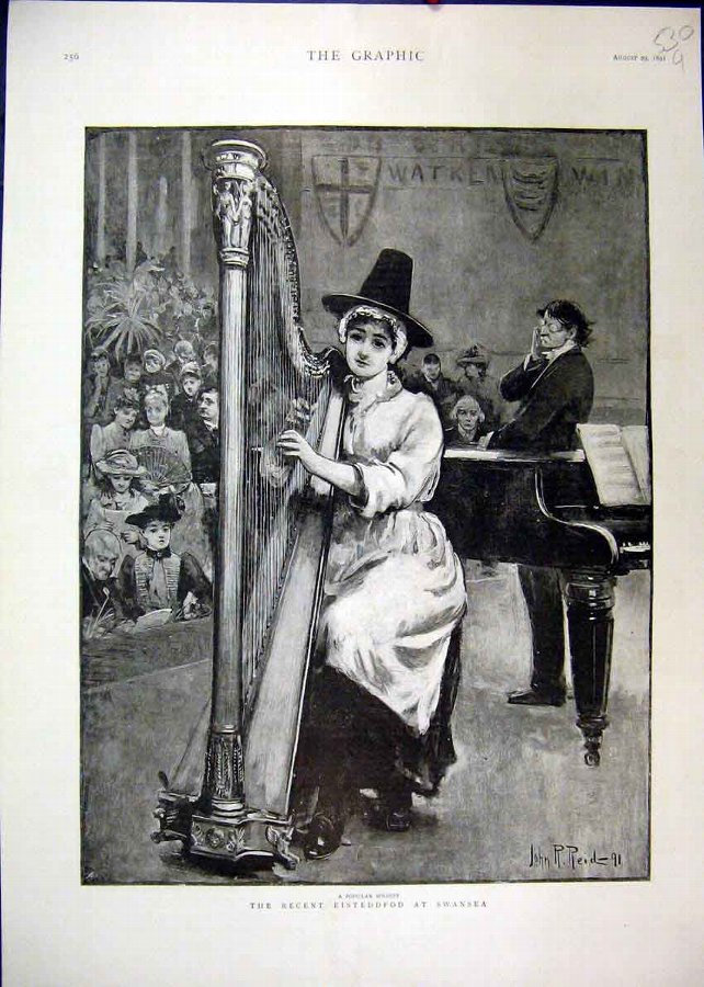 Print 1891 Eisteddfod Swansea Music Harp Piano Sol