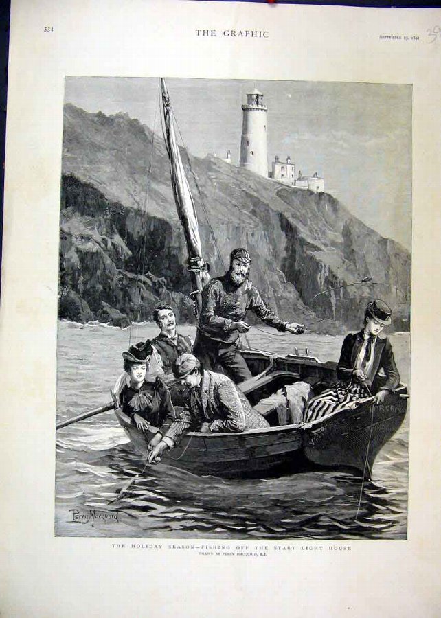 Print 1891 Holiday Season Fishing Boat Light House