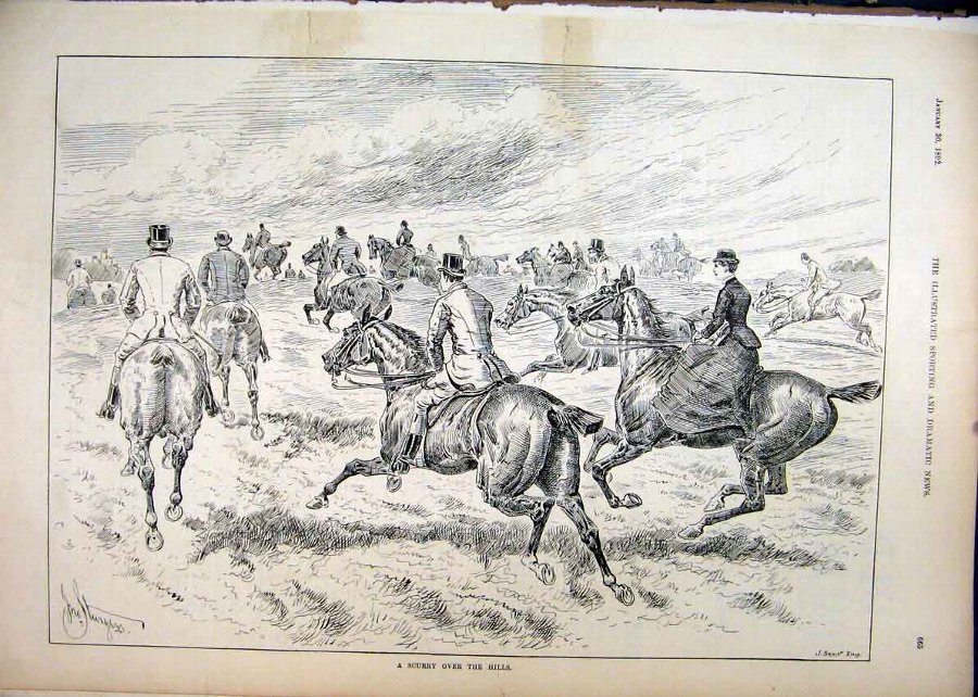Print 1892 Horses Scurry Hills Hunting Gallop Coun
