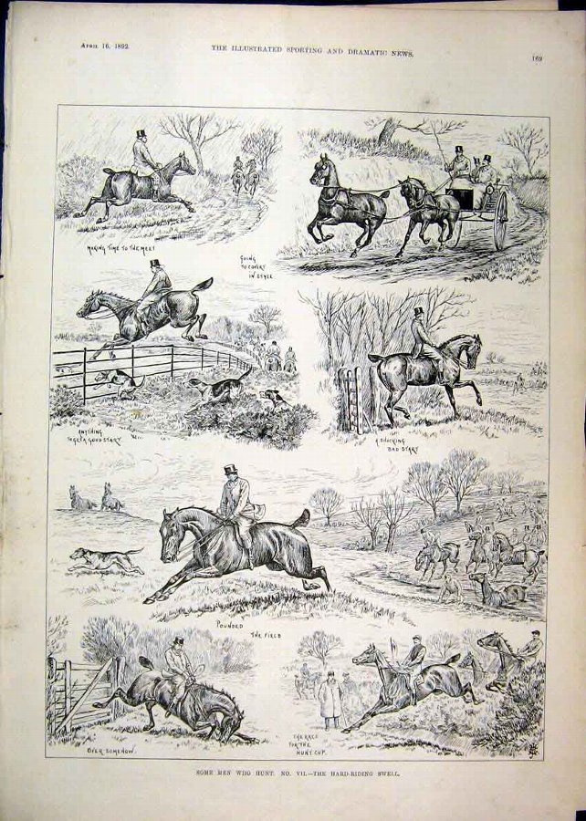 Print 1892 Hunting Horses Coach Jumping Fence Houn