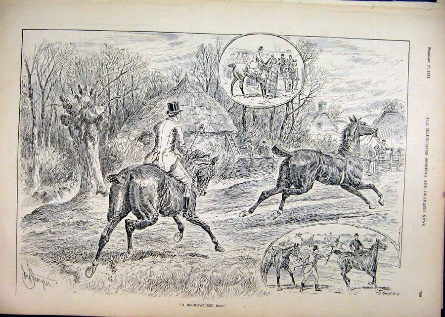 Print 1892 Man Horse Village Loose Trees Gate Sket