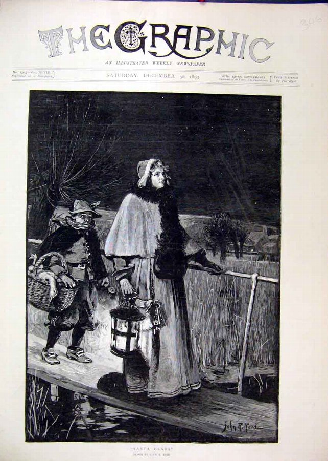 Print 1893 Christmas Scene Woman Young Boy Bridge