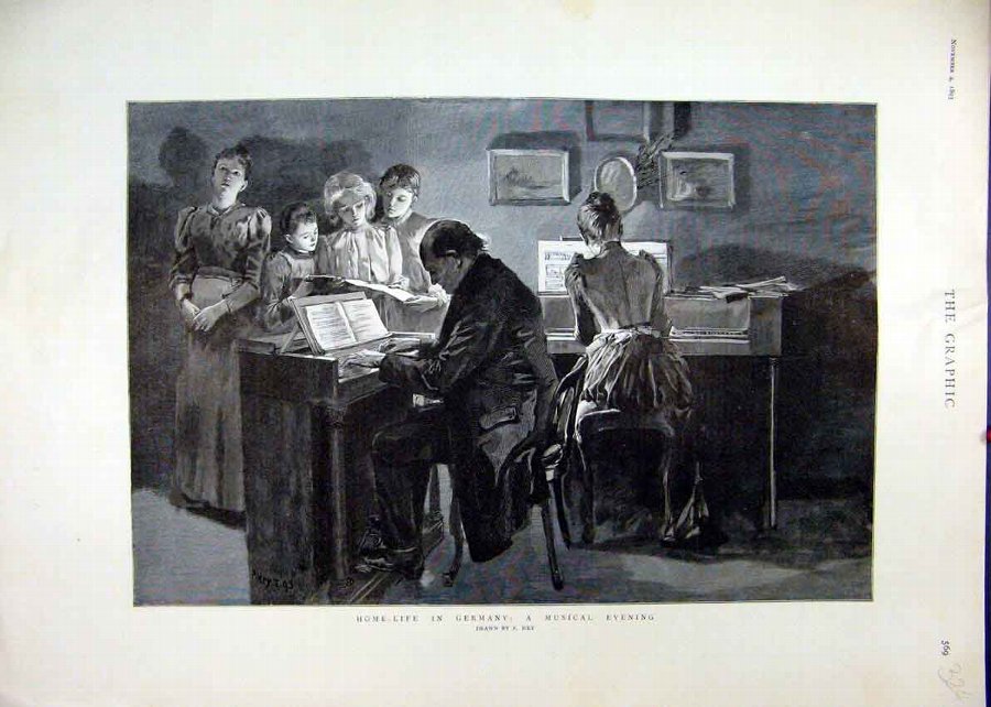 Print 1893 Home-Life Germany Musical Evening Piano