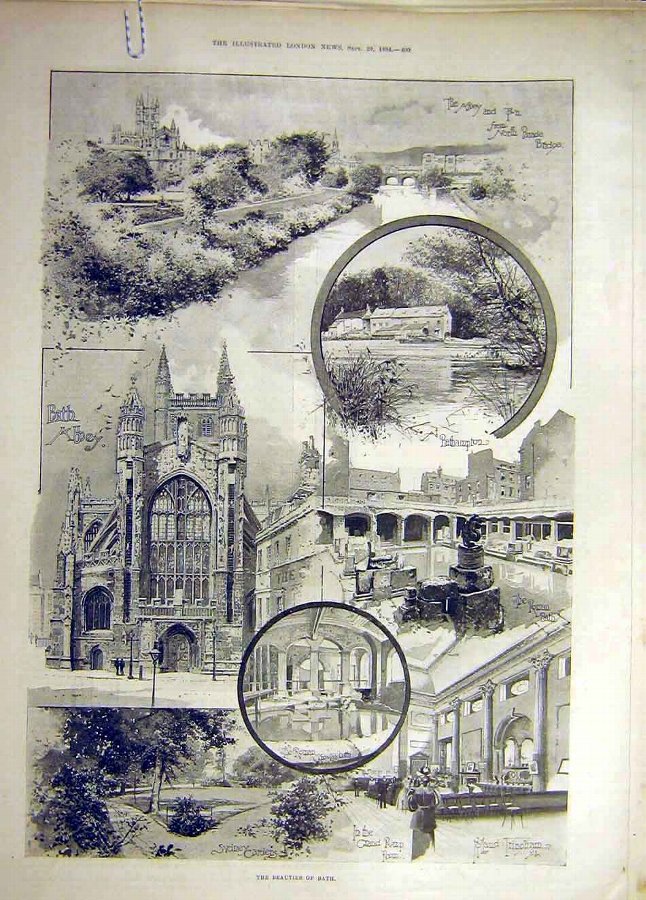 Print 1894 Bath Abbey North-Parade Bridge Sydney G
