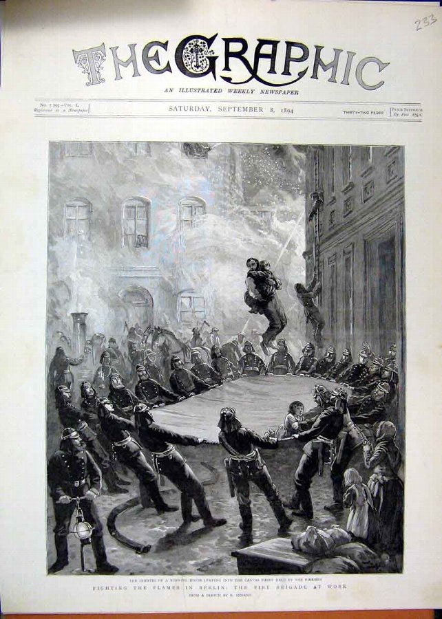 Print 1894 Fire Brigade Fighting Berlin Man Jumpin