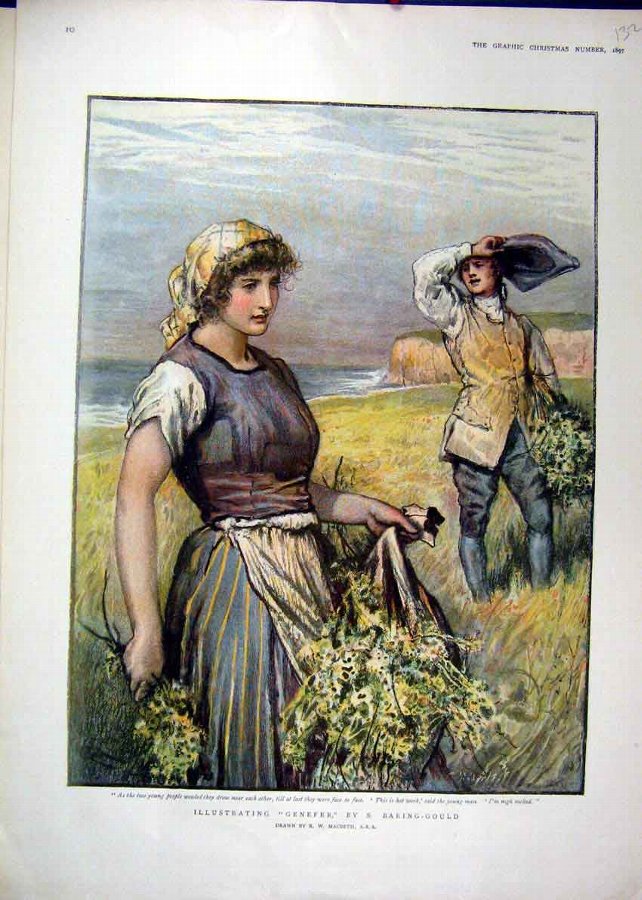Print 1897 Colour Woman Man Picking Flowers Old 32