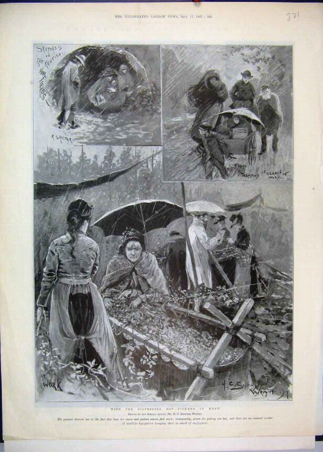 Print 1897 Distressed Hop Pickers Kent Rain Umbrel