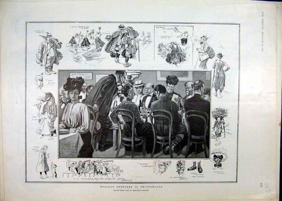Print 1902 Holiday Sketches Switzerland Dinner Par