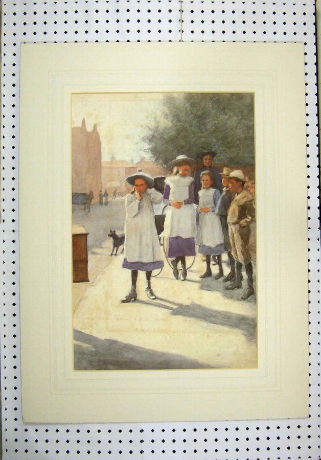 Print 1930 Watercolour School Boys Girls Street Sc