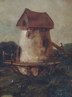 Antique Antique Oil Painting - Britsh School Victorian Signed Gilt Frame Windmill Art