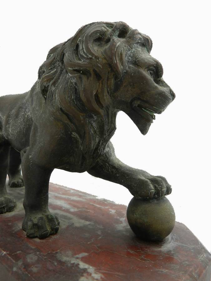 Heavy Old French Bronze Lion Statue Marble Base well worn