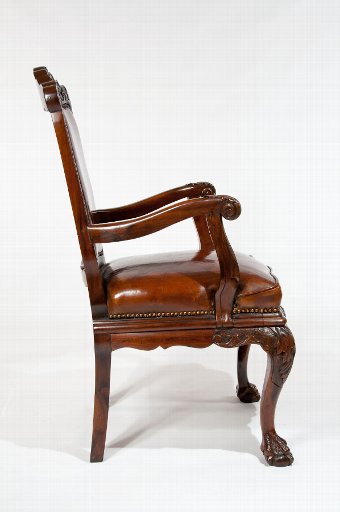 Antique 19th Century Walnut Carved Leather Armchair