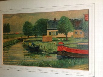 Antique OIL ON BOARD STUDY OF A FARM HOUSE BY A CANAL
