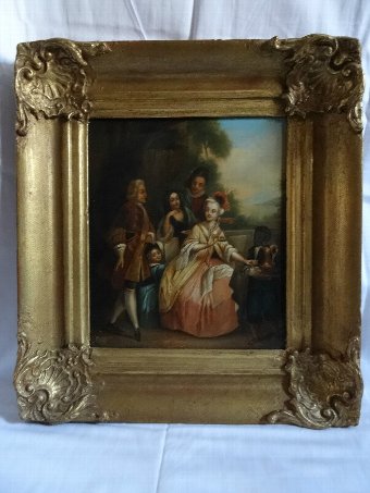 Antique RARE 18thc OIL ON TIN PAINTING DEPICTING A SLAVE BOY WITH HE'S MASTERS C1780