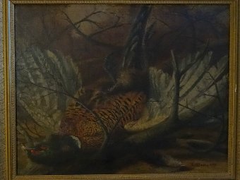 Antique ORIGINAL 19thc GAME SPORTING STILL LIFE SHOOTING PHEASANT OIL PAINTING - SIGNED