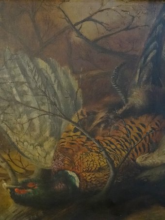 Antique ORIGINAL 19thc GAME SPORTING STILL LIFE SHOOTING PHEASANT OIL PAINTING - SIGNED