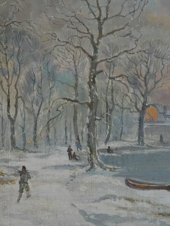 Antique FABULOUS 1920's ANTIQUE DUTCH FLEMISH FROZEN LANDSCAPE ICE SKATING OIL PAINTING