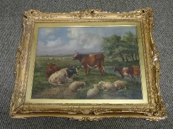 Antique Thomas Sidney Cooper (1803-1902) ORIGINAL CATTLE & SHEEP LANDSCAPE OIL PAINTING