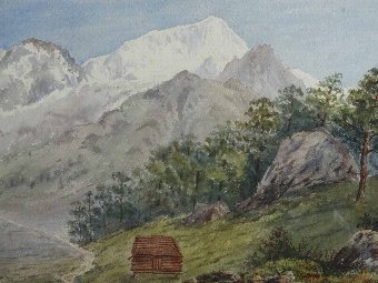 Antique The Pennine Alps Switzerland 1885 BEAUTIFUL 19thc WATERCOLOUR LANDSCAPE PAINTING